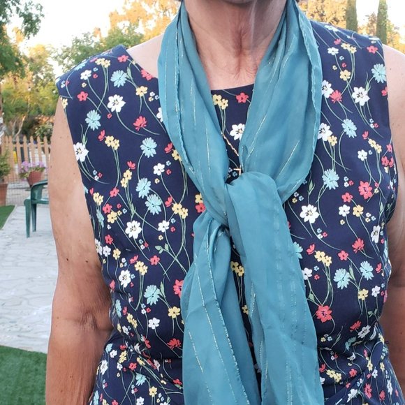 VTG Cejon Scarf, Silk, Teal, Blue, Gold Thread, Rectangular 56.5" x 13" - Picture 3 of 8